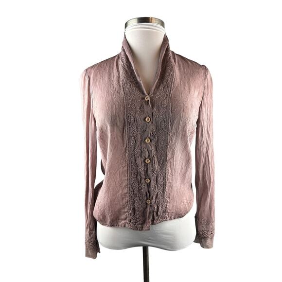 Johnny Was Embroidered Button Blouse Boho Crinkle Cotton Rayon Top Mauve Small - Picture 8 of 12
